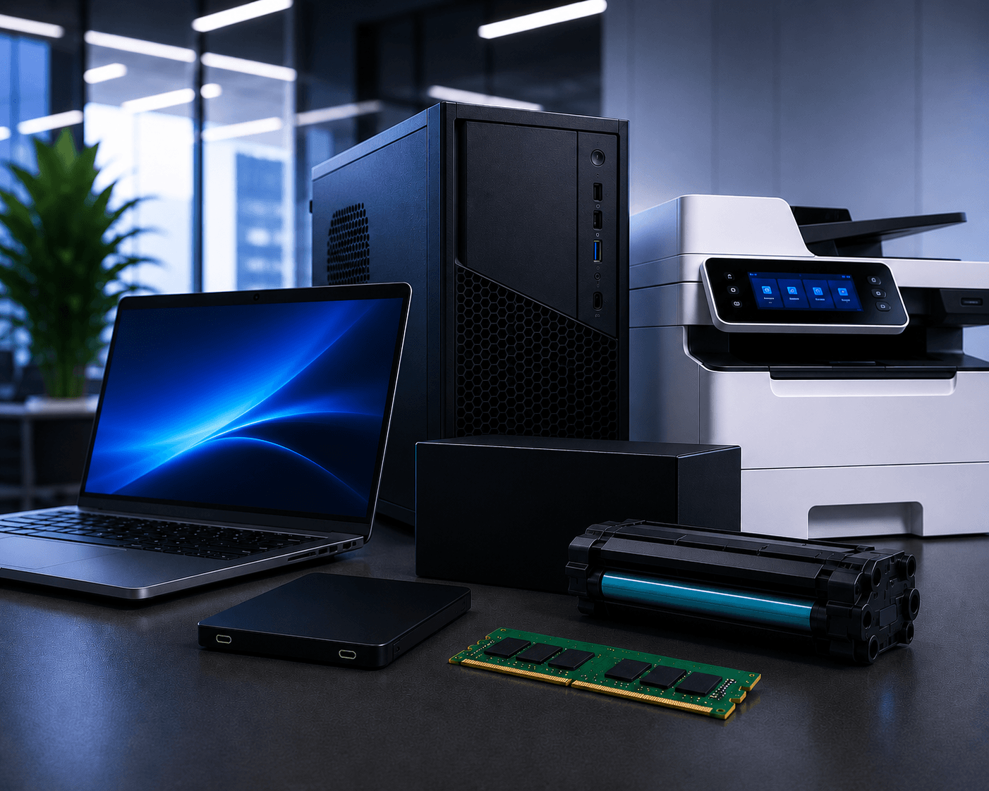Computador, impresora y repuestos sobre un escritorio