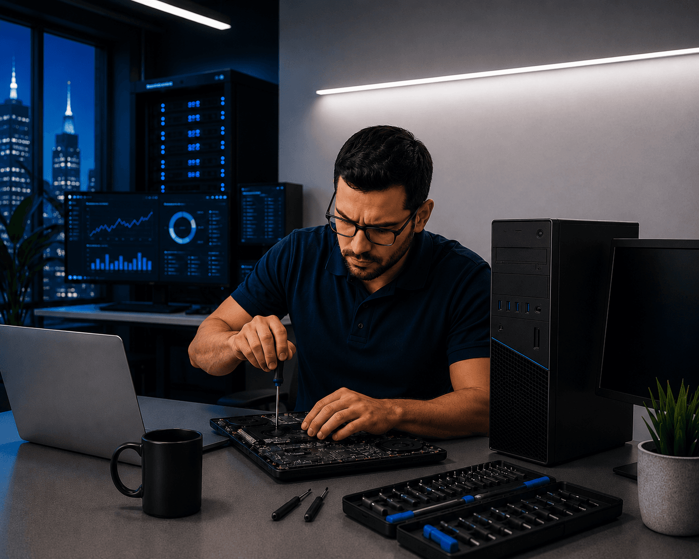 Técnico realizando mantenimiento a un portátil