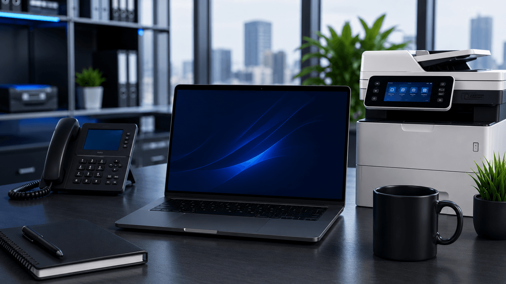 Portátil e impresora multifuncional en una oficina
